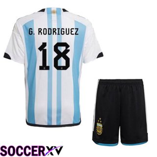 Argentina (G. RODRIGUEZ 18) 3 Stars Kids Soccer Jersey Home Blue White 2022/2023