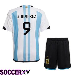 Argentina (J. ALVAREZ 9) 3 Stars Kids Soccer Jersey Home Blue White 2022/2023