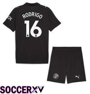 Manchester City (Rodrigo 16) Kids Away Soccer Jersey Black 2025/2026