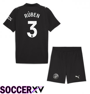 Manchester City (Ruben Dias 3) Kids Away Soccer Jersey Black 2025/2026
