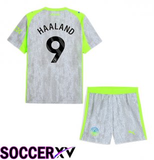 Manchester City (Erling Haaland 9) Kids Third Soccer Jersey Grey Green 2025/2026