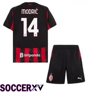 AC Milan (Modrić 14) Kids Home Soccer Jersey Red Black 2025/2026