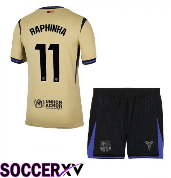 FC Barcelona (RAPHINHA 11) Kids Away Soccer Jersey Yellow 2025/2026