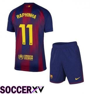 FC Barcelona (RAPHINHA 11) Kids Home Soccer Jersey Blue Red 2025/2026