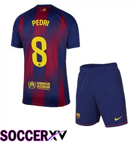 FC Barcelona (PEDRI 8) Kids Home Soccer Jersey Blue Red 2025/2026