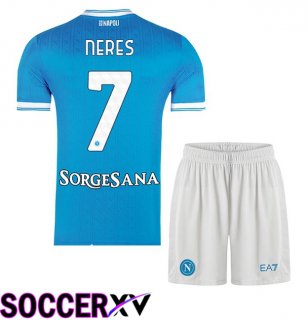 SSC Napoli (David Neres 7) Kids Home Soccer Jersey Blue 2025/2026