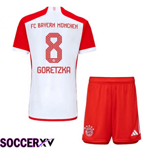 Bayern Munich (Goretzka 8) Kids Home Soccer Jersey White Red 2023/2024